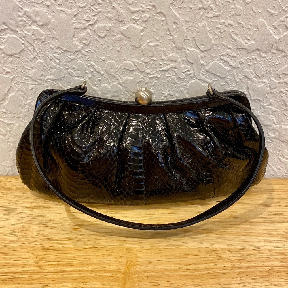 Francesco Biasia Black Snakeskin Leather Clutch